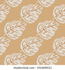 Tonos pasteles sin fisuras con formas monsteras de color gris. Fondo beige. Entorno follaje exótico. Ilustración vectorial para impresiones textiles, tela, carteles, fondo y papel pintado.