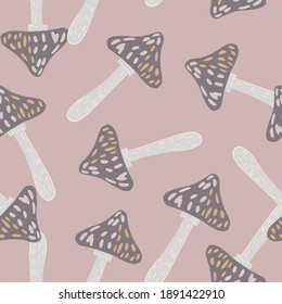 Pastel tones seamless pattern with hand drawn magic mushroom elements. Pink palette artwork. Great for fabric design, textile print, wrapping, cover. Vector illustration.
