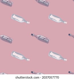 Pastel tones seamless pattern with hand drawn bottles with message print. Pink background. Simple style. Designed for fabric design, textile print, wrapping, cover. Vector illustration.