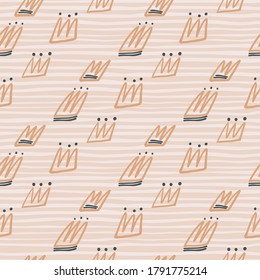 Pastel tones seamless pattern with orange contoured crown silhouettes. Light background with strips. Great for wrapping paper, textile, fabric print and wallpaper. Vector illustration.
