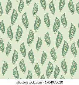 Pastel tones seamless pattern with pale green little random leaf print. Grey background. Nature doodle backdrop. Designed for fabric design, textile print, wrapping, cover. Vector illustration