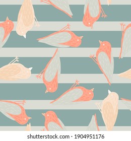 Pastel tones seamless pattern with pink colored bird ornament. Random backdrop with blue striped background. Vector illustration for textile prints, fabric, banners, backdrops and wallpapers.