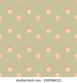 Pastel tones seamless pattern with pink little sunflower elements. Grey background. Floral ornament. Graphic design for wrapping paper and fabric textures. Vector Illustration.
