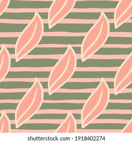 Tonos pasteles sin fisuras con adorno de hoja de doodle rosa. Fondo rayado gris. Fondo natural. Diseñado para el diseño de tejidos, impresión textil, envoltura, cubierta. Ilustración vectorial.