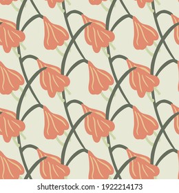 Pastel tones seamless pattern with pink colored hand drawn bell flower shapes. Light grey background. Vector illustration for seasonal textile prints, fabric, banners, backdrops and wallpapers.