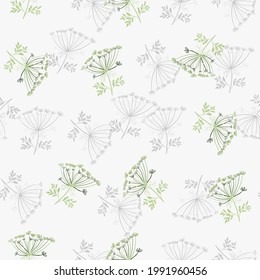 Pastel tones seamless pattern with random dill umbrella elements. Blue light background. Meadow shapes. Graphic design for wrapping paper and fabric textures. Vector Illustration.