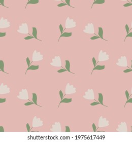 Pastel tones seamless pattern with tender cute tulip flowers shapes. Pink palette botany nature artwork. Graphic design for wrapping paper and fabric textures. Vector Illustration.