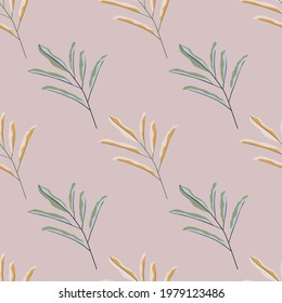 Pastel tones simple leaves branches seamless pattern. Lilac background. Decorative floral doodle print. Designed for fabric design, textile print, wrapping, cover. Vector illustration.
