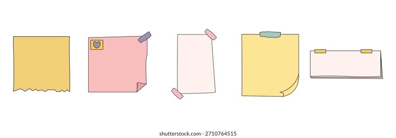Notas adhesivas rotas y dobladas en pastel para páginas de diarios, álbumes de recortes y diseños de planificación digital.