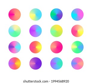 Pastel trendy radial conical gradient set. Collection of colorful gradient circles. Vector vivid color design elements for background, frame, label, web, design, mobile app, button.