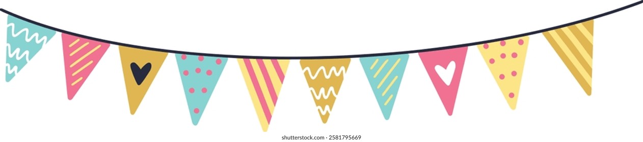 Pastel triangular flags featuring hearts, stripes, waves, and dots hanging from a string create a cheerful, celebratory atmosphere for parties and festive events