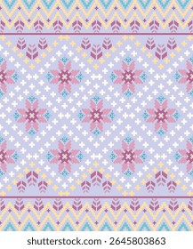 Pastel tribal snowflower pattern. A soft, tribal-style cross-stitch pattern featuring pastel snowflake motifs and geometric borders. Ideal for textiles, scarves, or digital backgrounds.