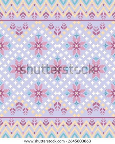 Pastel tribal snowflower pattern. A soft, tribal-style cross-stitch pattern featuring pastel snowflake motifs and geometric borders. Ideal for textiles, scarves, or digital backgrounds.