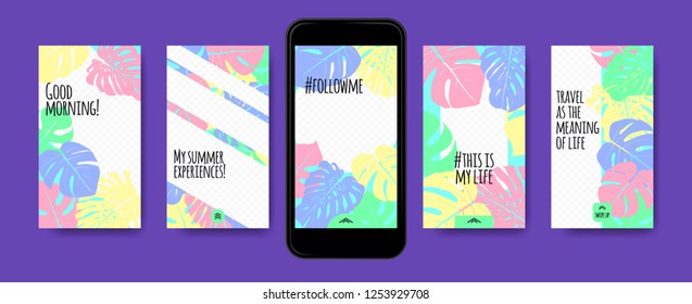 Pastel Tropic Frames for Stories Templates. Leaves of Philodendron for Mobile Screen Wallpaper Design. Pastel Colors Background. Social Network Exotic Decoration. Summer Floral Pattern, Pastel Colors.