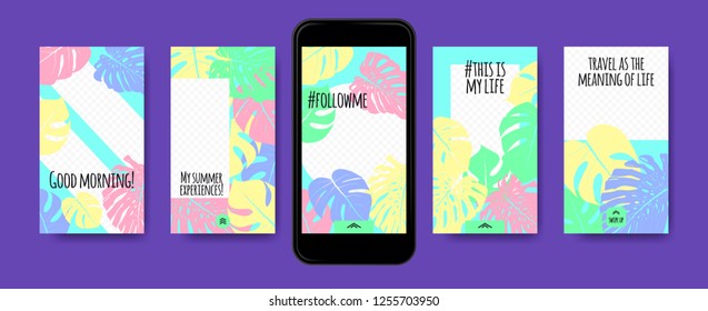 Pastel Tropic Frames for Stories Templates. Leaves of Philodendron for Mobile Screen Wallpaper Design. Pastel Colors Background. Social Network Exotic Decoration. Summer Floral Pattern, Pastel Colors.