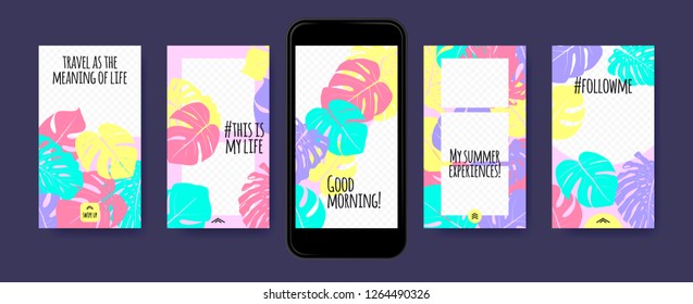 Pastel Tropic Frames for Stories Templates. Leaves of Philodendron for Mobile Screen Wallpaper Design. Pastel Colors Background. Social Network Exotic Decoration. Summer Floral Pattern, Pastel Colors.