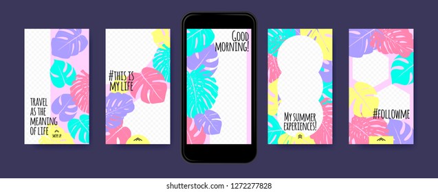 Pastel Tropic Frames for Stories Templates. Leaves of Philodendron for Mobile Screen Wallpaper Design. Pastel Colors Background. Social Network Exotic Decoration. Summer Floral Pattern, Pastel Colors.