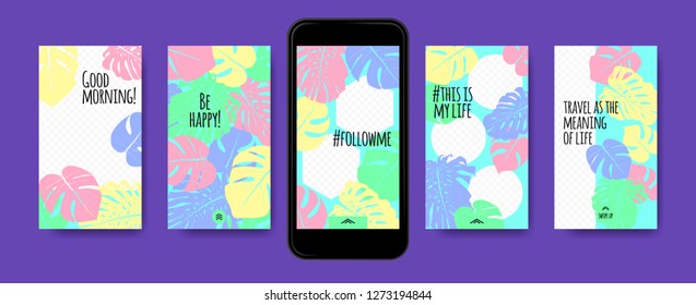 Pastel Tropic Frames for Stories Templates. Leaves of Philodendron for Mobile Screen Wallpaper Design. Pastel Colors Background. Social Network Exotic Decoration. Summer Floral Pattern, Pastel Colors.