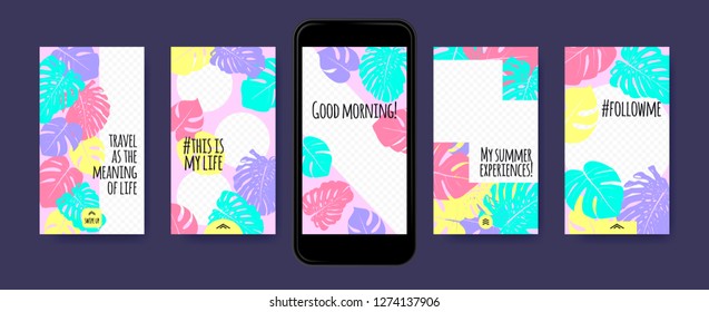 Pastel Tropic Frames for Stories Templates. Leaves of Philodendron for Mobile Screen Wallpaper Design. Pastel Colors Background. Social Network Exotic Decoration. Summer Floral Pattern, Pastel Colors.