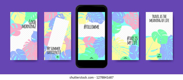 Pastel Tropic Frames for Stories Templates. Leaves of Philodendron for Mobile Screen Wallpaper Design. Pastel Colors Background. Social Network Exotic Decoration. Summer Floral Pattern, Pastel Colors.