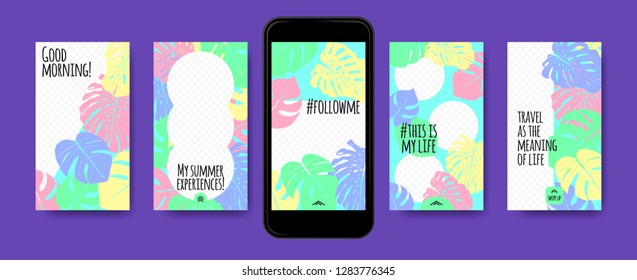 Pastel Tropic Frames for Stories Templates. Leaves of Philodendron for Mobile Screen Wallpaper Design. Pastel Colors Background. Social Network Exotic Decoration. Summer Floral Pattern, Pastel Colors.