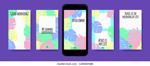 Pastel Tropic Frames for Stories Templates. Leaves of Philodendron for Mobile Screen Wallpaper Design. Pastel Colors Background. Social Network Exotic Decoration. Summer Floral Pattern, Pastel Colors.