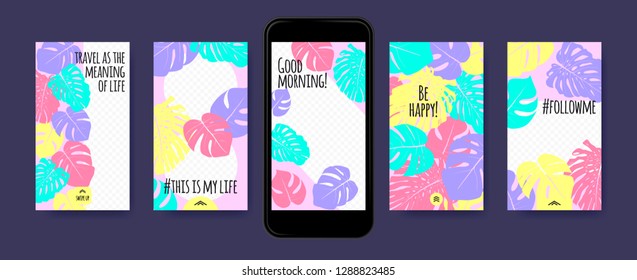 Pastel Tropic Frames for Stories Templates. Leaves of Philodendron for Mobile Screen Wallpaper Design. Pastel Colors Background. Social Network Exotic Decoration. Summer Floral Pattern, Pastel Colors.