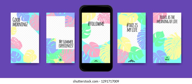 Pastel Tropic Frames for Stories Templates. Leaves of Philodendron for Mobile Screen Wallpaper Design. Pastel Colors Background. Social Network Exotic Decoration. Summer Floral Pattern, Pastel Colors.