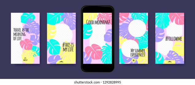 Pastel Tropic Frames for Stories Templates. Leaves of Philodendron for Mobile Screen Wallpaper Design. Pastel Colors Background. Social Network Exotic Decoration. Summer Floral Pattern, Pastel Colors.