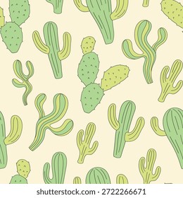 Pastel Tropical Cactuses Seamless Pattern for Retro Boho Botanical Summer Background Design