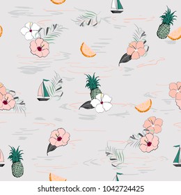 Pastel Tropical island forest with blooming flowers palm leaves,with outline Exotic  leaves seamless vector floral pattern background isolate on light grey  color 
