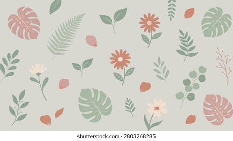 Pastel tropical leaves seamless pattern, elegant monstera and foliage background