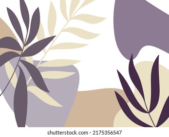 Ilustración de fondo vectorial de hojas tropicales pasteles. Resumen de fondo floral. Papel de escritorio, impresión, arte en la pared, banner, afiche, decoración doméstica, tarjeta, invitación, cubierta o diseño de paquete.