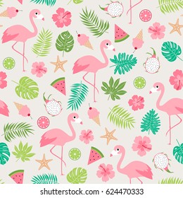 Pastel tropical summer seamless pattern vector with flamingo, hibiscus, tropical fruits, and botanical leaf