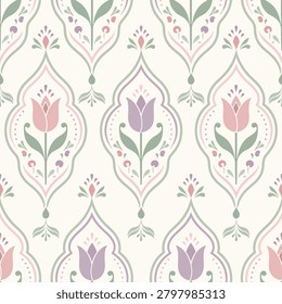 A pastel tulip pattern floral ornament seamless wallpaper damask motif spring background vintage textile nursery decor scandinavian style floral