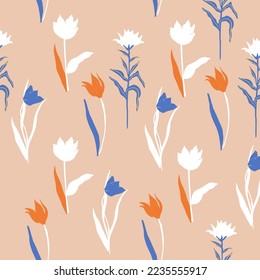 Pastel tulip and peony seamless pattern. Scandinavian simple floral design. Childish botanical composition . Retro plants otnament. Vector illustration