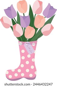 lindo pastel Tulipanes flores ramo en bota dibujado a mano elemento Clipart Ilustración vectorial para invitación de felicitación fiesta de cumpleaños celebración tarjeta de boda cartel Anuncio Fondo de pantalla fondo