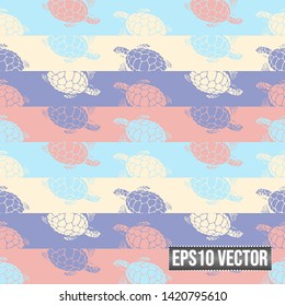 Pastel Turtles Shades On Color Stripes Zigzag Effect Seamless Pattern EPS10 Vector