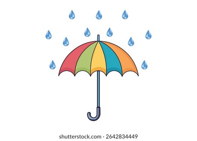 Pastel umbrella illustration with raindrops in flat vector style, cute weather scene for rainy season art, minimal cartoon design perfect for web, print, or educational graphics

