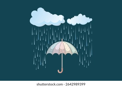 Pastel umbrella with rain drops cartoon vector, flat weather scene illustration for children’s book covers, baby room decor, rainy season prints, cute art background, and digital design

