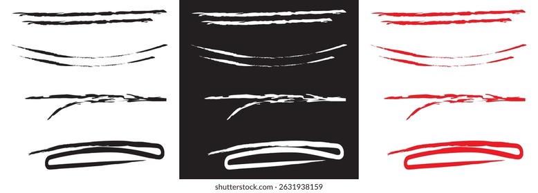 Pastel underline white, black, and red crayon . horizontal hand drawn chalk, marker or pencil highlighter stroke icon.  Vector for websites, mobile interfaces, presentations, banner, etc. EPS 10
