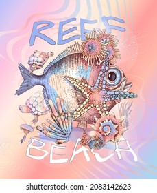 Pastel Underwater world. Big fish, turtles, Jellyfish, starfish, algae, corals and shells. Textile composition, t-shirt design, hand drawn style print. Vector illustration.