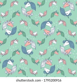 Pastel unicorn heads seamless vector pattern. Childish surface print design for fabrics, stationery, gift wrap, scrapbook, and packaging.
