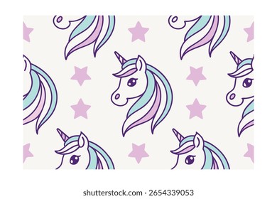 Pastel unicorn heads stars repeat Pattern on a cream vector