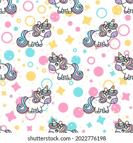 Pastel Unicorn pattern background. Colorful Cute unicorns, stars, circles pattern background. Seamless Vector illustration. Wrapping paper.