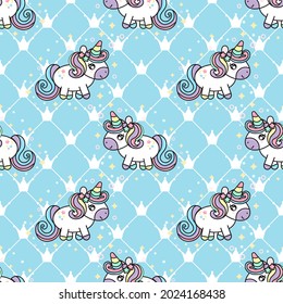 Pastel Unicorn pattern background. Colorful Cute unicorns, stars, circles pattern background. Seamless Vector illustration. Wrapping paper. Crown background.