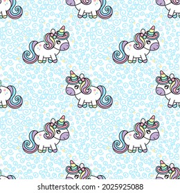 Pastellfarbener, einfarbiger Musterhintergrund. Farbige, scharfe Einhörner, Sterne, Kreise, Muster Hintergrund. Nahtlose Vektorgrafik. Schleifpapier. Doodle wirl muster.