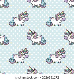 Pastel Unicorn pattern background. Colorful Cute unicorns, stars, circles pattern background. Seamless Vector illustration. Wrapping paper. Polka dots pattern.
