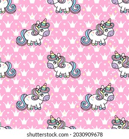 Pastel Unicorn pattern background. Colorful Cute unicorns, stars, circles pattern background. Seamless Vector illustration. Wrapping paper. Crowns pattern background.