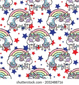 Pastel Unicorn rainbow pattern background. Colorful Cute unicorns, stars, circles pattern background. Seamless Vector illustration. Wrapping paper. Star pattern background.